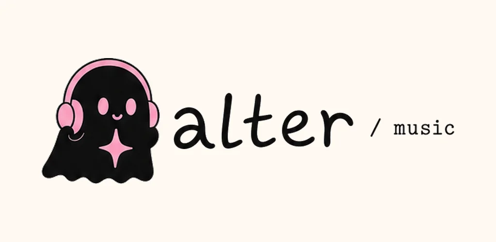 Alter Music logo: a black ghost wearing pink headphones