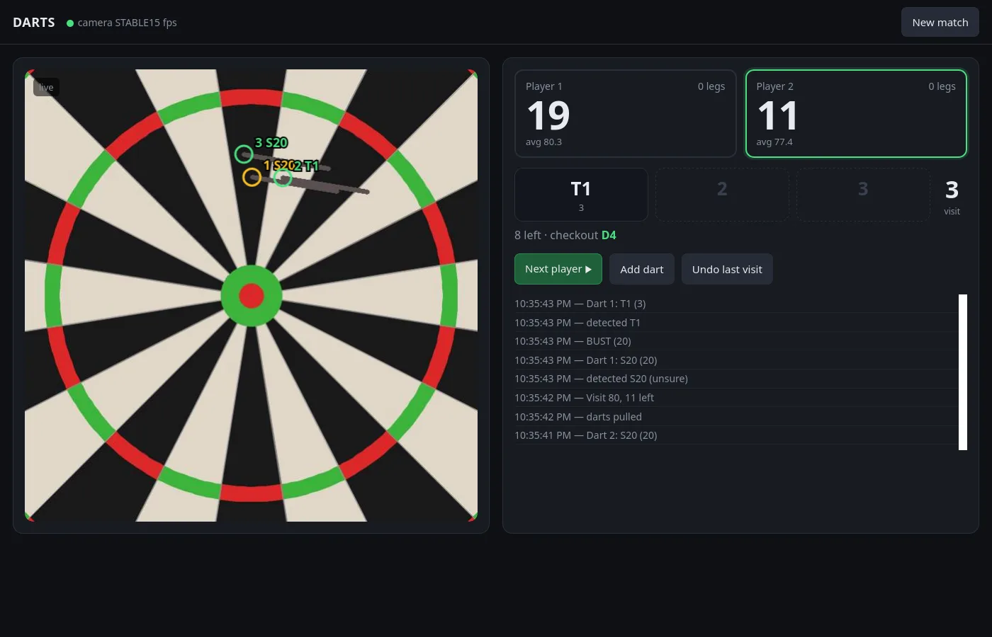 Darts scoring web app showing a live board feed with detected darts and the match scoreboard
