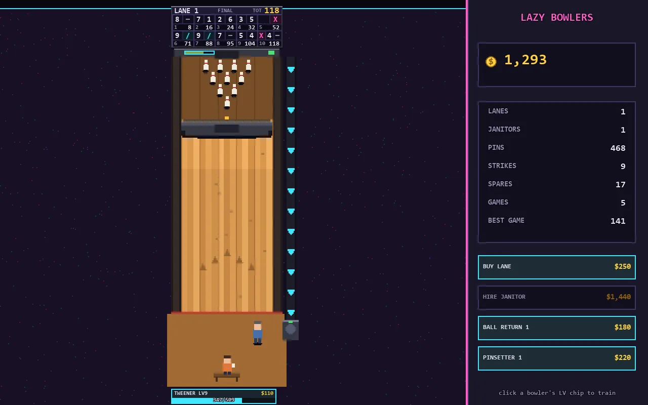 Pixel-art bowling alley with a scorecard and an upgrade panel