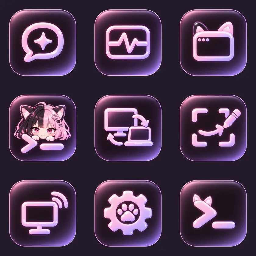 A family of glossy pink-and-black app icons for nekoterm and nekodesk