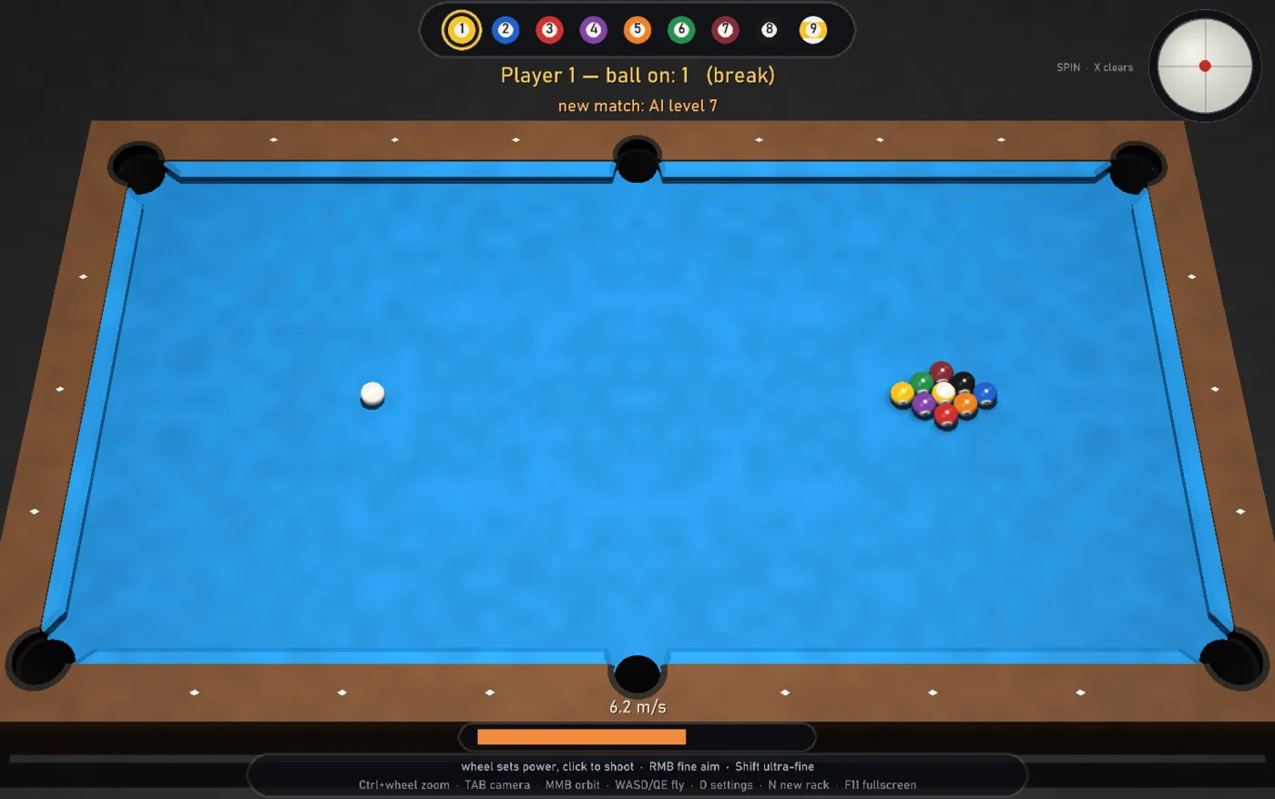 Top-down view of a 3D 9-ball pool table at the break